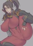  armor bodysuit breasts brown_eyes brown_hair covered_navel covered_nipples curvy gloves highres japanese_armor kote large_breasts long_hair mikoyan ninja ponytail red_bodysuit shoulder_armor skin_tight skull solo soulcalibur spread_legs suneate sweatdrop sword sword_behind_back taki_(soulcalibur) thick_thighs thighs weapon work_in_progress 