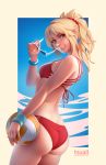  ass bikini blonde_hair blush bracelet braid breasts commentary commission cowboy_shot day english_commentary fate/apocrypha fate/grand_order fate_(series) from_behind green_eyes highres jewelry jonathan_hamilton legs_together lips long_hair looking_at_viewer looking_back medium_breasts mordred_(fate)_(all) mordred_(swimsuit_rider)_(fate) parted_lips ponytail red_bikini smile solo standing sunglasses swimsuit teeth volleyball 