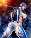  1girl ass ass_grab blue_hair bodysuit breasts covered_eyes curvy erect_nipples female large_breasts lilith-soft long_hair looking_back nipples open_mouth partially_visible_vulva puffy_nipples saliva shika_asatsuki shiny sweat taimanin_(series) taimanin_asagi taimanin_asagi_battle_arena tongue_out zol 