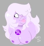  :3 alien amethyst_(steven_universe) areola blep breasts bust_portrait cartoon_network clothed clothing digital_drawing_(artwork) digital_media_(artwork) eyelashes female filthygum freckles gem_(species) grey_background hair hair_over_eye hi_res humanoid long_hair looking_away not_furry portrait purple_hair purple_skin signature simple_background solo steven_universe tongue tongue_out topless watermark 