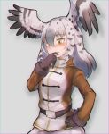  belt bird_wings black_hair blush chromatic_aberration coat commentary_request cowboy_shot embarrassed eyebrows_visible_through_hair gloves grey_hair hand_on_hip head_wings highres kemono_friends long_hair long_sleeves martial_eagle_(kemono_friends) multicolored_hair nose_blush solo tatsuno_newo wings 