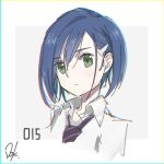  blue_hair border commentary_request darling_in_the_franxx dokkoisho_pxv eyebrows_visible_through_hair frown green_eyes grey_background hair_ornament hairclip ichigo_(darling_in_the_franxx) looking_at_viewer necktie number portrait purple_neckwear shirt short_hair signature simple_background solo white_shirt 