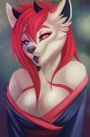  2018 anthro black_nose black_tongue breasts canine cleavage clothed clothing digital_media_(artwork) female fur hair heterochromia horn hybrid looking_at_viewer mammal pink_hair smile solo tongue white_fur whiteabigail 