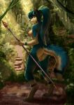  2019 anthro areola blue_fur blue_hair breasts canine casual_nudity detailed_background digital_media_(artwork) dog eleacat female fur hair holding_object holding_weapon jungle looking_back mammal melee_weapon nipples nude outside polearm pussy solo spear standing tribal weapon 