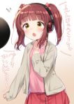  bangs blush brown_eyes brown_hair collarbone eyebrows_visible_through_hair flying_sweatdrops grey_jacket hand_on_own_chest headphones idolmaster idolmaster_cinderella_girls jacket long_sleeves looking_away microphone ogata_chieri open_clothes open_jacket pink_shirt pleated_skirt red_skirt shirt sidelocks skirt sleeves_past_wrists solo sweat tousaki_shiina translation_request twintails 