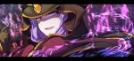  absurdres bangs black_cloak black_gloves caster cloak commentary_request fate/grand_order fate/stay_night fate_(series) gloves glowing glowing_eyes hair_between_eyes highres hood hood_up index_finger_raised long_hair looking_at_viewer looking_to_the_side open_mouth protected_link purple_eyes purple_hair purple_lips solo wada_kazu 