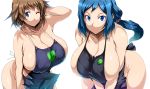  apron arm_up blue_eyes blue_hair breast_squeeze breasts brown_hair cleavage collarbone commentary_request eyebrows_visible_through_hair gundam gundam_build_divers gundam_build_fighters hair_ornament hair_scrunchie highres huge_breasts iori_rinko leaning_forward long_hair looking_at_viewer mature multiple_girls naked_apron nanase_nanami_(gundam_build_divers) one_eye_closed purple_scrunchie scrunchie shiny shiny_hair shiny_skin short_hair sideboob simple_background smile standing tsukasawa_takamatsu white_background 