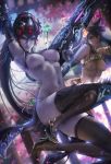  2girls alternate_costume areolae armpits artist_name blue_hair blue_skin bottomless breasts brown_hair gun head_mounted_display long_hair multiple_girls nail_polish navel nipples overwatch parted_lips patreon sakimichan thighhighs tracer_(overwatch) watermark weapon web_address widowmaker_(overwatch) 