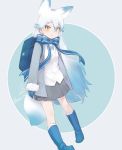  animal_ears backpack bag blue_hair boots coat commentary commentary_request eyebrows_visible_through_hair fox_ears fox_tail full_body fur_trim gradient_hair kemono_friends long_hair multicolored_hair neck_ribbon necktie pleated_skirt ribbon scarf shiroi-kitakitsune_(kemono_friends) signature skirt solo sweater tail tatsuno_newo white_hair 