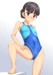  absurdres bad_anatomy bangs barefoot black_eyes black_hair blue_swimsuit blunt_bangs chair competition_swimsuit foot_up hand_on_thigh highres looking_down one-piece_swimsuit original short_hair solo speedo_(company) standing swimsuit takafumi 