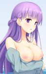  bangs bare_shoulders blush breasts breasts_outside cloak collarbone eyebrows_visible_through_hair fire_emblem fire_emblem:_fuuin_no_tsurugi ihara_asta long_hair medium_breasts nipples no_bra purple_eyes purple_hair sofiya solo very_long_hair wet wet_clothes 