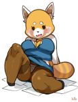  2018 aggressive_retsuko anthro big_breasts breasts cleavage clothed clothing digital_media_(artwork) dress female footwear inner_ear_fluff lace lightsource mammal open_mouth panties paper reclining red_panda retsuko sanrio shoes short_stack simple_background slightly_chubby sweat sweatdrop thick_thighs underwear upskirt white_background 
