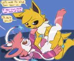  2018 animal_genitalia animal_penis anthro balls black_sclera blush bottomless brown_sclera clothed clothing digital_media_(artwork) eeveelution electricity embrace english_text eyewear felino fur glasses hip_grab hoodie jewelry jolteon knot legs_up looking_at_partner lying male male/male necklace nintendo nude on_back open_mouth partially_clothed penis pink_fur pok&eacute;mon pok&eacute;mon_(species) shoulder_grab sylveon tapering_penis text video_games yellow_fur 