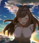  arms_behind_back backlighting bangs blue_ribbon blush breasts brown_hair cleavage closed_eyes cloud cloudy_sky collarbone eyebrows_visible_through_hair hair_ribbon highres horizon idolmaster idolmaster_shiny_colors large_breasts leaning_forward long_hair ocean open_mouth outdoors parted_bangs ponytail ribbon shirt skirt sky sleeveless sleeveless_shirt smile solo sun sunlight sunrise tarakomoooon teeth tied_shirt tsukioka_kogane upper_body white_shirt 