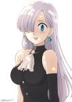  bare_shoulders black_gloves blue_earrings blue_eyes blush breasts buttons elbow_gloves elizabeth_liones gloves hair_over_one_eye harumiya jewelry long_hair looking_at_viewer medium_breasts nanatsu_no_taizai necktie silver_hair single_earring single_glove smile twitter_username upper_body white_background white_hair 