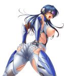  1girl ass ass_grab blue_hair bodysuit breasts covered_eyes curvy erect_nipples large_breasts lilith-soft long_hair looking_back nipples open_mouth partially_visible_vulva puffy_nipples saliva shika_asatsuki shiny simple_background sweat taimanin_(series) taimanin_asagi taimanin_asagi_battle_arena tongue_out white_background zol 