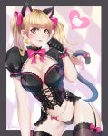  absurdres alternate_costume animal_ears bell black_cat_d.va black_gloves blonde_hair bow breasts bustier cat_ears cat_tail cleavage d.va_(overwatch) earrings garter_straps gloves hair_bow heart highleg highleg_panties highres janary jewelry large_breasts leaning_forward legs_apart looking_at_viewer navel no_pants overwatch panties paw_pose pink_bow puffy_short_sleeves puffy_sleeves short_sleeves smile solo spoken_heart tail tail_bell tail_bow tail_raised thighhighs twintails underwear whisker_markings yellow_eyes 