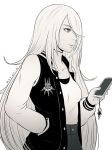  alternate_costume casual cellphone character_doll charm_(object) collarbone commentary from_side greyscale hair_over_eyes hair_over_one_eye hand_in_pocket holding holding_cellphone holding_phone jacket keychain koyorin mole mole_under_mouth monochrome nier_(series) nier_automata open_clothes open_jacket phone silver_hair smartphone yorha_no._2_type_b yorha_type_a_no._2 
