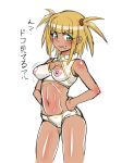 absurdres blonde_hair blush breasts cleavage cleavage_cutout commentary_request dark_skin gokuto-kun_(imakiyo) green_eyes grin hands_on_hips highres kufei mahou_sensei_negima! navel nipples scrunchie see-through short_shorts shorts small_breasts smile solo stomach translation_request two_side_up 