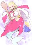  &gt;_&lt; blonde_hair breasts cape cleavage cleavage_cutout crystal_earrings dragon_quest dragon_quest_xi earrings fish flying_sweatdrops jewelry large_breasts long_hair mermaid midriff minashirazu monster_girl navel paddle purple_eyes selen_(dq11) smile solo tiara 