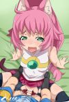  1girl :d animal_ears bar_censor bare_shoulders bike_shorts black_gloves blush breasts cat_ears cat_tail censored elbow_gloves fingerless_gloves gloves green_eyes gundam gundam_build_divers hetero long_hair mikami_riku momo_(gundam_build_divers) open_mouth penis pink_hair pink_skirt pleated_skirt ponytail pussy sex shikapu short_sleeves signature skirt sleeveless small_breasts smile solo_focus sweat tail thighhighs torn_clothes trembling vaginal yashiro_momoka 