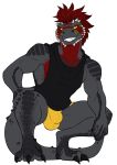  alpha_channel anthro bulge clothing crouching dinosaur fcsimba grin hair looking_at_viewer male mohawk muscular muscular_male penis_outline red_hair shirt smile solo tagg tank_top theropod tyrannosaurus_rex underwear yellow_eyes 