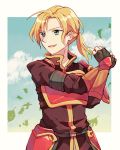  armor blonde_hair day fingerless_gloves fire_emblem fire_emblem:_seima_no_kouseki forde gloves green_eyes leaf long_hair low_ponytail male_focus open_mouth sisuko1016 sky solo 