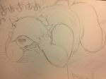  4:3 anthro bed clothing japanese_text kemono kitajiro2 male sketch slightly_chubby solo text 