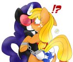  ?! applejack_(mlp) blackbewhite2k7 blonde_hair blush catwoman clothed clothed_feral clothing cosplay duo earth_pony equine eyes_closed female female/female feral freckles friendship_is_magic hair hand_on_butt handcuffs horn horse kissing magic mammal my_little_pony pony purple_hair rarity_(mlp) shackles simple_background surprise sweat unicorn white_background wide_eyed wonder_woman 
