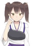  alternate_hairstyle blue_skirt brown_eyes brown_hair daikon_(tomohiro158) hakama_skirt japanese_clothes kaga_(kantai_collection) kantai_collection long_hair looking_at_viewer muneate scratching_cheek simple_background skirt solo tasuki twintails upper_body white_background 