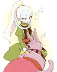  1girl animal_ears armband blue_skin cat_ears champa_(dragon_ball) closed_eyes dragon_ball dragon_ball_super egyptian_clothes fang hair_tubes high_ponytail lap_pillow minashirazu open_mouth partially_translated robe seiza sitting sleeping sleeping_on_person tail translation_request vados_(dragon_ball) white_hair 
