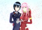  1girl absurdres bangs black_bodysuit black_hair blue_eyes bodysuit breasts commentary_request couple crying crying_with_eyes_open darling_in_the_franxx eyes_visible_through_hair gloves green_eyes hair_ornament hairband hand_on_another's_waist highres hiro_(darling_in_the_franxx) holding_hands horns large_breasts long_hair looking_at_another masamune_tokunaga oni_horns pilot_suit pink_hair red_bodysuit red_gloves red_horns tears white_gloves white_hairband zero_two_(darling_in_the_franxx) 
