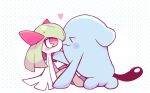  blush closed_eyes from_side full_body gen_2_pokemon gen_3_pokemon green_hair hand_up heart kirlia kiss leaning_forward minashirazu no_humans pokemon pokemon_(creature) profile red_eyes sitting standing sweatdrop tail wobbuffet 