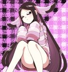  black_eyes black_hair gym_leader hair_ornament long_hair mache_(pokemon) minashirazu pokemon pokemon_(game) pokemon_xy sleeves_past_wrists smile solo striped striped_sweater sweater very_long_hair 