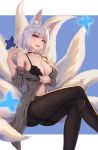  5555_96 alternate_costume animal_ear_fluff animal_ears armpit_crease artist_name ass azur_lane bangs black_bra black_legwear blue_eyes blue_sky blunt_bangs blush bra breasts buttons choker cleavage cloud collarbone commentary_request crossed_legs eyebrows_visible_through_hair fox_ears fox_tail grey_shirt highres holding kaga_(azur_lane) large_breasts looking_at_viewer multiple_tails open_mouth pantyhose shirt short_hair sidelocks sitting sky smile solo tail thighs unbuttoned unbuttoned_shirt underwear white_hair 