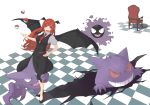  bangs bare_arms bat_wings black_footwear black_skirt black_vest black_wings bright_pupils buttons chair checkered checkered_floor collared_shirt crossover demon_girl eyebrows eyelashes fangs full_body gastly gen_1_pokemon gengar hand_on_hip haunter head_wings highres koakuma long_hair looking_at_viewer necktie open_mouth pink_eyes pink_pupils pointy_ears poke_ball poke_ball_(generic) pokemon pokemon_(creature) red_hair red_neckwear shadow shirt shoes skirt skirt_set solo standing tongue touhou ueno_(sakumogu-029) vest white_shirt wings 