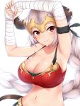  aliza_(granblue_fantasy) arms_up bandaged_arm bandages bare_shoulders braid breasts cleavage closed_mouth collarbone commentary_request crop_top curled_horns draph etan14 granblue_fantasy headpiece highres horns large_breasts long_hair low_ponytail navel pointy_ears ponytail red_eyes sidelocks silver_hair simple_background single_braid smile solo very_long_hair white_background 