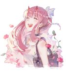  atianshi bag bag_charm bare_arms bare_shoulders bow character_doll charm_(object) choker closed_eyes commentary_request darling_in_the_franxx dress eyebrows_visible_through_hair facing_viewer floral_background flower hair_bow hair_ribbon hiro_(darling_in_the_franxx) horns long_hair open_mouth pink_hair ponytail red_horns ribbon sleeveless sleeveless_dress solo striped striped_ribbon sundress zero_two_(darling_in_the_franxx) 