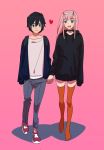  1girl :d bangs belt black_hair black_sweater blue_eyes commentary_request couple darling_in_the_franxx eyebrows_visible_through_hair green_eyes grey_pants hair_ornament hairband heart hetero hiro_(darling_in_the_franxx) holding_hands hood hooded_sweater horns kf_19960116 long_hair long_sleeves no_shoes no_socks oni_horns open_mouth pants pink_hair red_footwear red_horns red_legwear shirt sleeves_past_wrists smile sweater thighhighs thighs white_hairband white_shirt zero_two_(darling_in_the_franxx) 