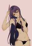  artist_name black_bra black_panties blood bloody_knife bra cowboy_shot doki_doki_literature_club hair_between_eyes hair_ornament hairclip head_tilt highres holding holding_knife injury julilyn knife long_hair navel panties parted_lips pink_background purple_eyes purple_hair signature simple_background smile solo spoilers underwear underwear_only very_long_hair wrist_cutting yuri_(doki_doki_literature_club) 