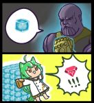  1boy 1girl 2koma :3 afei_(sfma3248) ahoge akashi_(azur_lane) animal_ears art_shift avengers avengers:_infinity_war azur_lane bald black_border border brown_eyes cat_ears chibi comic crossover cube diamond gauntlets green_hair infinity_gauntlet long_hair marvel mental_cube_(azur_lane) muscle no_shoes open_mouth outstretched_arms protecting purple_skin silent_comic sleeves_past_wrists speech_bubble spoken_object spread_arms tesseract thanos yellow_eyes 