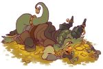  belt claws clothing coin female gem gold_(metal) gold_coin green_scales horn horn_ring kobold pavonisgiron scales scalie simple_background tail_ring 