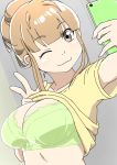  ;3 bow bow_bra bra breasts brown_hair cellphone commentary eyebrows_visible_through_hair green_bow green_bra grey_eyes hair_bun highres large_breasts lifted_by_self miyake_hinata one_eye_closed phone self_shot shirt shirt_lift smartphone solo sora_yori_mo_tooi_basho underwear upper_body v wamu_(chartreuse) yellow_shirt 