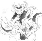  2018 2_tails 4_arms abs animal_genitalia animal_penis anthro armpit_hair balls biceps black_and_white body_hair chest_fur chimera equine_penis erection fangs feathers flared_penis front_view fur hand_behind_head hand_on_penis hand_on_thigh happy_trail hi_res horn hybrid hybrid_penis knot knotted_equine_penis looking_at_viewer male mane monochrome multi_arm multi_limb multi_tail muscular nipples nude pecs penis pose presenting pubes rollwulf sabertooth_(feature) scales simple_background sitting solo striped_fur stripes szaeravar vein 