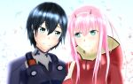  1girl bangs black_bodysuit black_hair blue_eyes bodysuit commentary_request couple crying crying_with_eyes_open darling_in_the_franxx eyes_visible_through_hair green_eyes hair_ornament hairband highres hiro_(darling_in_the_franxx) horns long_hair looking_at_another masamune_tokunaga oni_horns pilot_suit pink_hair red_bodysuit red_horns tears white_hairband zero_two_(darling_in_the_franxx) 