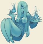  blue_eyes blue_hair blue_shirt blue_skin bottomless clothed clothing disembodied_penis female fire ghost hair long_hair male mila_(spikedmauler) not_furry penis simple_background solo spikedmauler spirit white_background will-o-wisp 