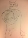  anthro balls bottomless clothed clothing eyebrows flaccid hi_res kemono kitajiro2 looking_at_viewer male monochrome pencil_(artwork) penis sepia sketch slightly_chubby solo traditional_media_(artwork) undressing 
