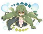  bangs bare_legs barefoot blush bow bow_panties breasts chibi commentary eyebrows_visible_through_hair green_bow green_eyes green_hair hair_between_eyes long_hair milkpanda monster_hunter navel panties parted_lips personification pink_panties pom_pom_(clothes) slit_pupils small_breasts solo underwear yama_tsukami 