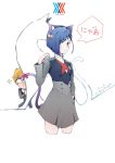  1girl absurdres animal_ears bad_id bad_pixiv_id bell blue_hair blush bow breasts cat cat_ears cat_tail commentary commentary_request cropped_legs darling_in_the_franxx fake_animal_ears gorou_(darling_in_the_franxx) green_eyes hair_ornament hair_over_one_eye hairclip hand_in_pocket highres ichigo_(darling_in_the_franxx) looking_at_viewer paw_pose q-pra ribbon short_hair tail tail_bow tail_ribbon uniform 