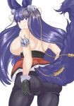  1girl animal_ears artist_request ass ass_grab back backless_outfit bare_ bell blue_hair breasts come_hither fox_ears fox_tail from_behind gloves granblue_fantasy hair_ornament large_breasts long_hair looking_at_viewer naughty_face pants purple_eyes tail very_long_hair yuel_(granblue_fantasy) 